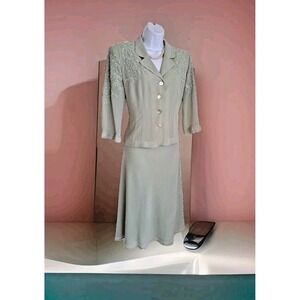 Appleseed's Petite 2 Pc Skirt Suit 12P Sage Green Embroidered Details Elastic